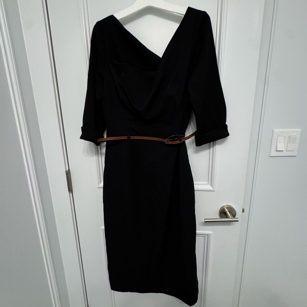 Black Halo Jackie O 3/4 Black Dress with Brown Belt
